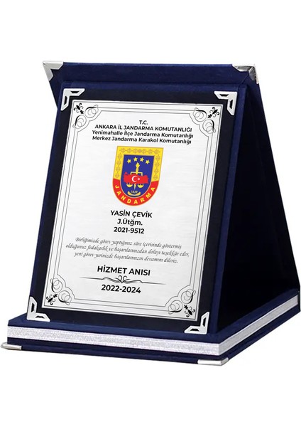 Jandarma Plaketi | Kişiye Özel Hizmet Anısı Plaketi – Lacivert Kadife Kutu Veda Hatırası- 15X20