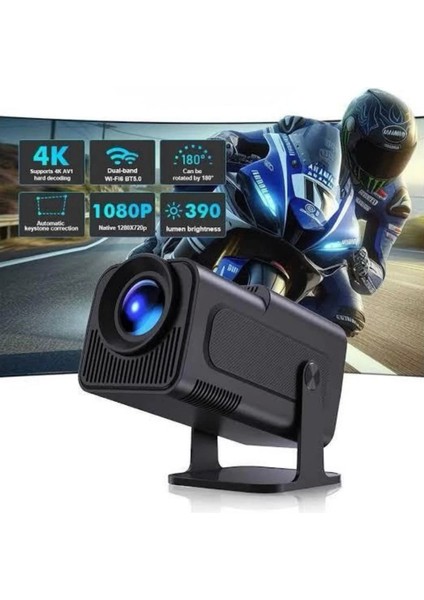 Android Projeksiyon Siyah Taşınabilir Sinema Projektörü 4K 1080P Ev Sineması Bluetooth
