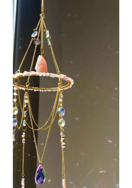 Pembe Kuvars Sun Catcher 7 - Güneş Tutucu, Güneş Yakalayıcı, Doğal Taşlı, El Yapımı