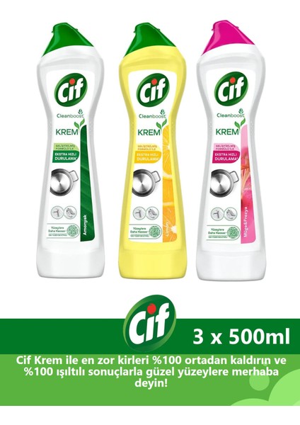 Krem Yüzey Temizleyici 500 ml x 3 Adet (Amonyaklı, Limonlu, Frezya ve Müge Çiçeği)