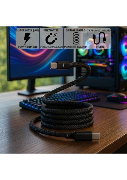 Mio SC1000 USB-C 60W Mıknatıslı Hızlı Şarj Kablosu Huawei, Samsung, Oppo, Xiaomi, iPhone-Siyah