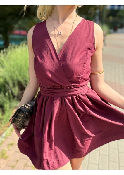 Bordo Kruvaze Yaka Kuşaklı Poplin Elbise