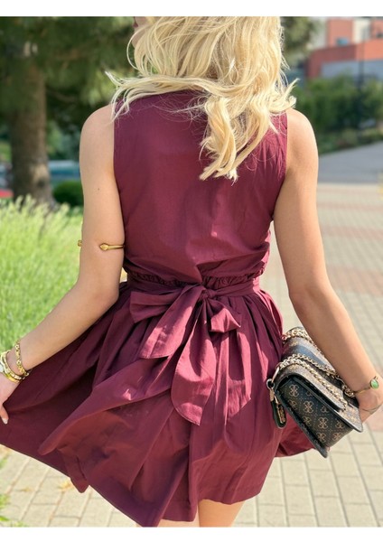 Bordo Kruvaze Yaka Kuşaklı Poplin Elbise
