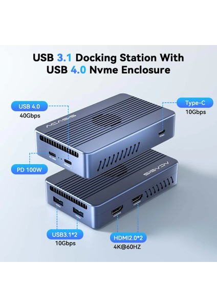 TBU405 Max 8 In 1 Thunderbolt 4 Type-C Dock + SSD Disk Kutusu, 2x 4K@60Hz, 2x Usb-A 3.1, M/b&m Key 2230-2280 M.2 SSD Uyumlu, 100W Pd, Alüminyum Disk Kutusu & Dock (TBU405-MAX)