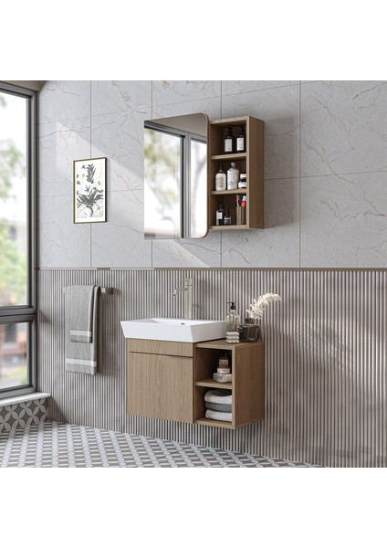 Likya Mdflam Lavabolu Banyo Dolabı Takımı, 72 cm Lavabolu Banyo Alt Dolabı + Üst Dolabı