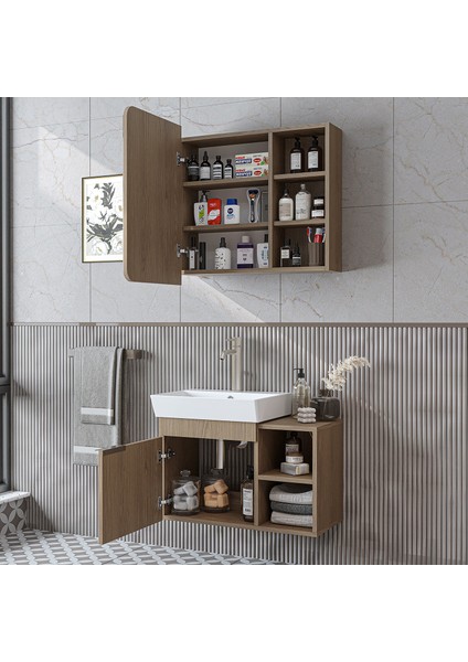 Likya Mdflam Lavabolu Banyo Dolabı Takımı, 72 cm Lavabolu Banyo Alt Dolabı + Üst Dolabı