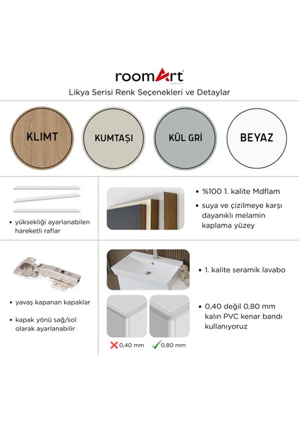 Likya Mdflam Lavabolu Banyo Dolabı Takımı, 72 cm Lavabolu Banyo Alt Dolabı + Üst Dolabı