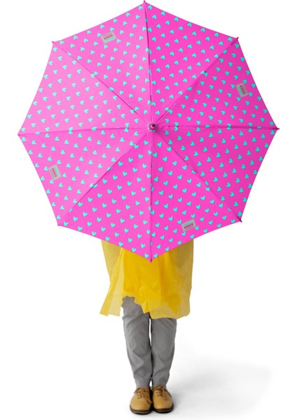 Kids Neon Pembe Su Yeşili Kalp Desenli Çocuk Şemsiyesi 12660