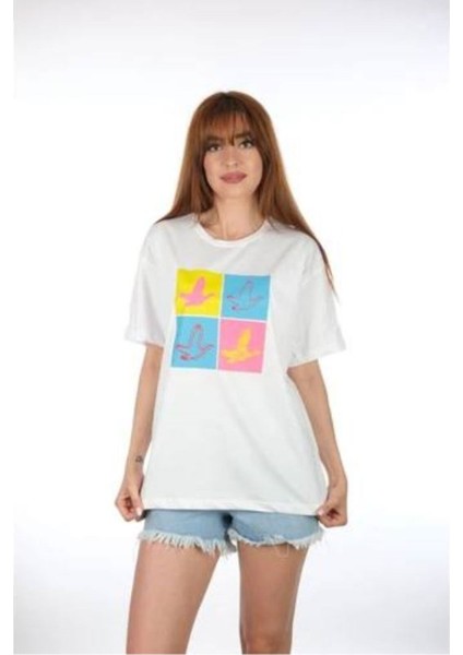 Kuş Desenli Bakılı T-Shirt modelleri