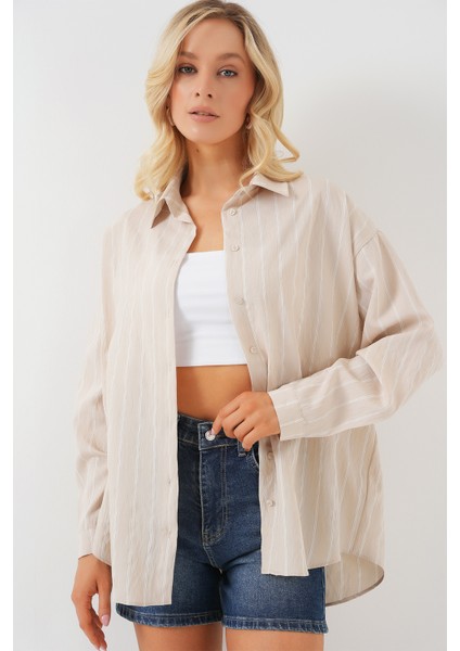 Kadın Çizgili Oversize Gömlek 20293 - Krem