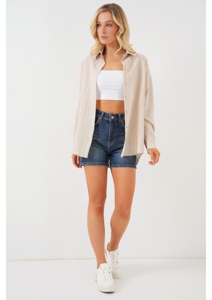 Kadın Çizgili Oversize Gömlek 20293 - Krem fiyatları