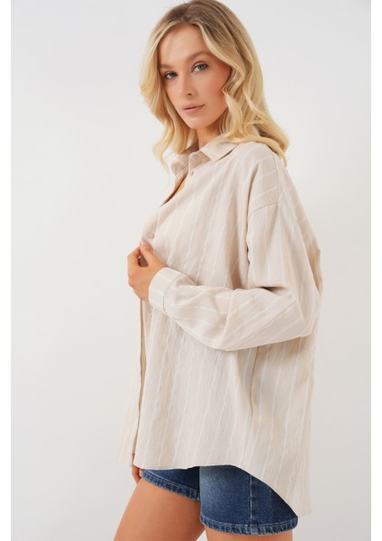 Kadın Çizgili Oversize Gömlek 20293 - Krem modelleri