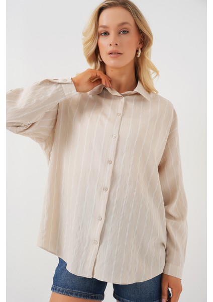 Kadın Çizgili Oversize Gömlek 20293 - Krem fırsatları