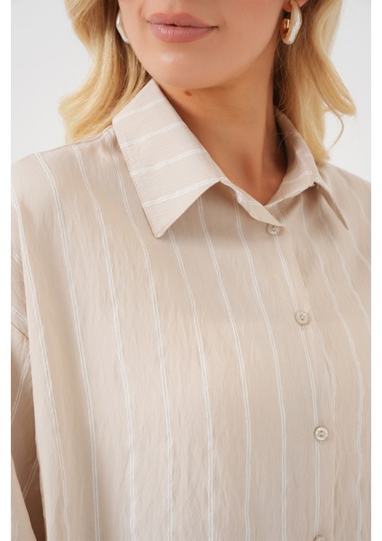 Kadın Çizgili Oversize Gömlek 20293 - Krem indirimleri