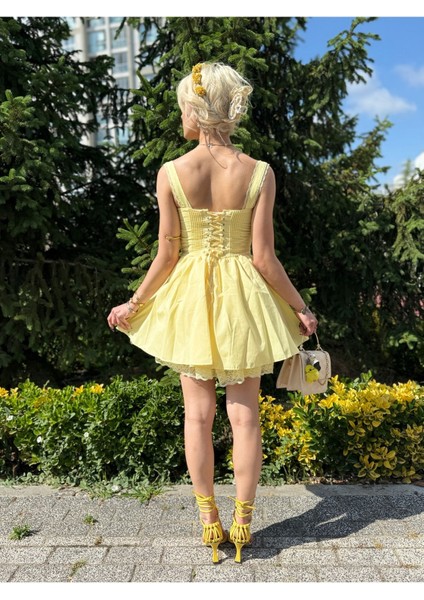Sarı Bağcıklı Korse Görünümlü Mini Elbise