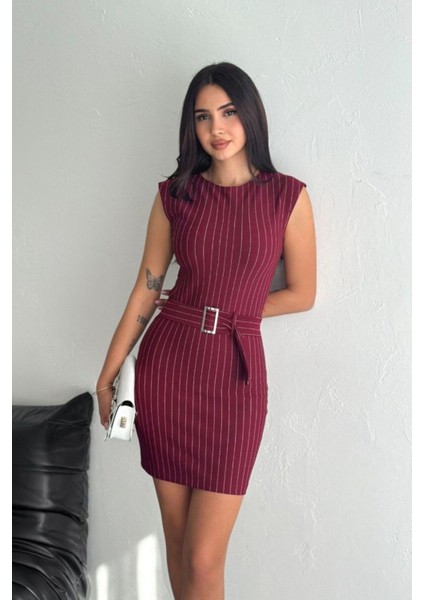 Kuşak Detaylı Çizgili Mini Elbise DNV-000077