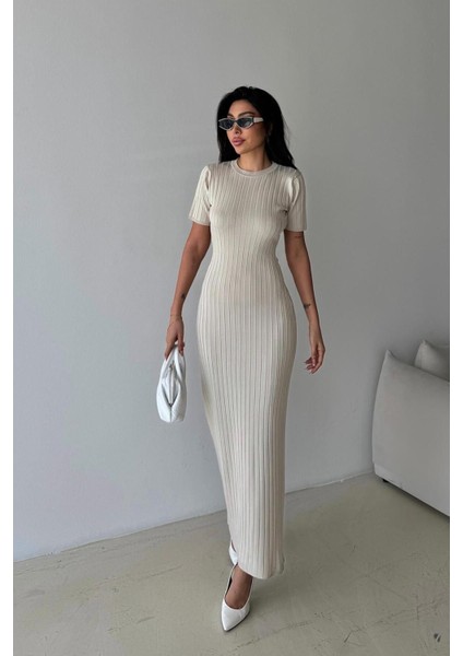 Vücuda Oturan Taş Renk Ribana Triko Elbise fiyatları