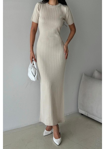 Vücuda Oturan Taş Renk Ribana Triko Elbise indirimleri