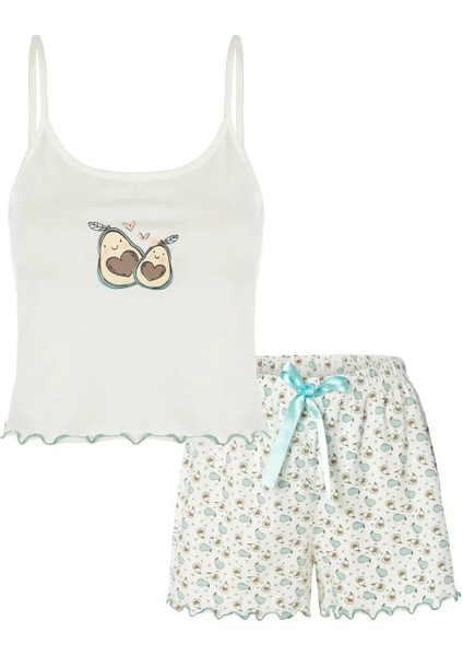 Kadın İnce Askılı Baby Overloklu Avokado Desenli Crop Top Şortlu Pijama Takımı