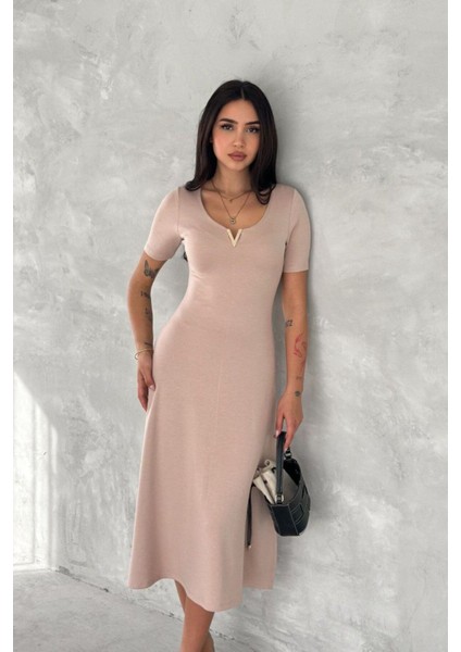 V Yaka Fit Kesim Basic Elbise DNV-000078