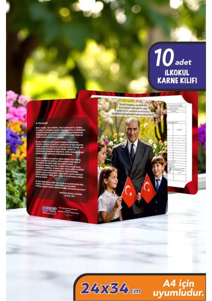10 Adet Mustafa Kemal Atatürk ve Gençliğe Hitabe Yazılı A4 Ilkokul Karne Kılıfı Karne Süsleme 24X34