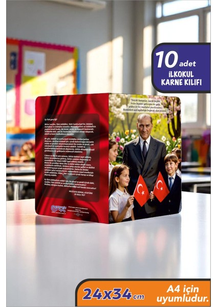 10 Adet Mustafa Kemal Atatürk ve Gençliğe Hitabe Yazılı A4 Ilkokul Karne Kılıfı Karne Süsleme 24X34 modelleri