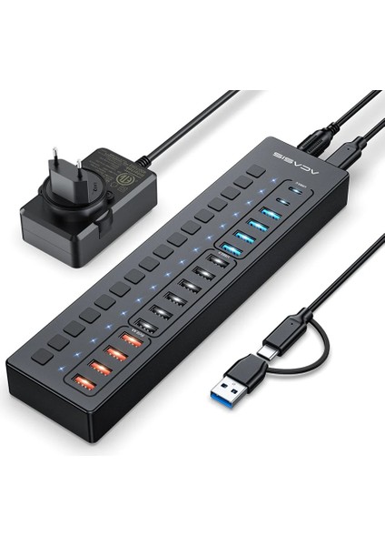 DS516PB - 16 Port 5gbps Usb-A 3.0, USB 2.0, Type-C 3.0, Akıllı Şarj Portu, Alüminyum Kasa, 60W Güç Adaptörlü, LED Işıklı, USB / Type-C Çoklayıcı , Akıllı Şarj Hub (DS-516PB)