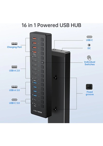 DS516PB - 16 Port 5gbps Usb-A 3.0, USB 2.0, Type-C 3.0, Akıllı Şarj Portu, Alüminyum Kasa, 60W Güç Adaptörlü, LED Işıklı, USB / Type-C Çoklayıcı , Akıllı Şarj Hub (DS-516PB)