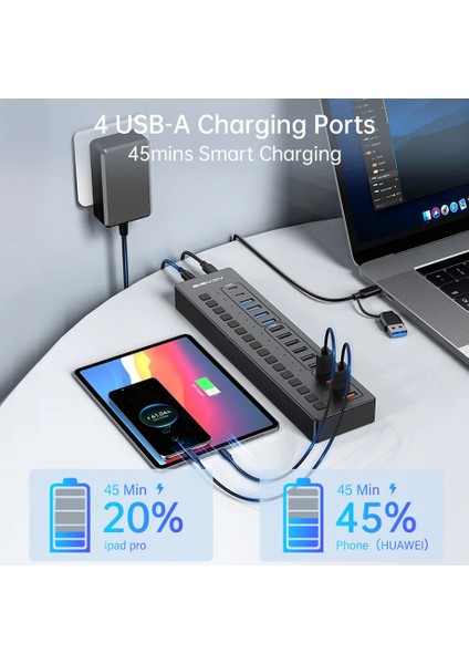 DS516PB - 16 Port 5gbps Usb-A 3.0, USB 2.0, Type-C 3.0, Akıllı Şarj Portu, Alüminyum Kasa, 60W Güç Adaptörlü, LED Işıklı, USB / Type-C Çoklayıcı , Akıllı Şarj Hub (DS-516PB)