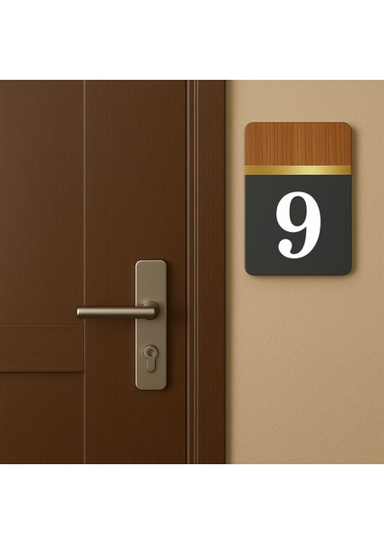 Dikey Ahşap Detaylı Kesim Baskılı Apartman Daire Otel Ofis Kapı Numarası - Kapı No:9 Dokuz
