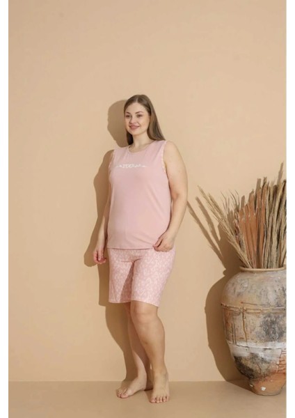 Büyük Beden Battal Sıfır Yaka Sıfır Kol Şortlu Kadın Pijama Takımı