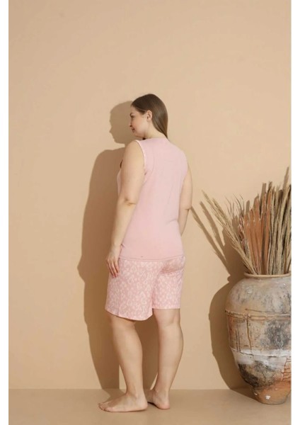 Büyük Beden Battal Sıfır Yaka Sıfır Kol Şortlu Kadın Pijama Takımı