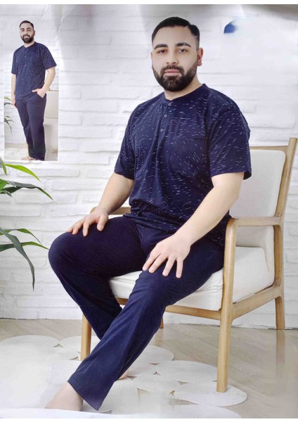 Erkek Battal Lacivert Kısa Kol Cepli Penye Pijama Takımı