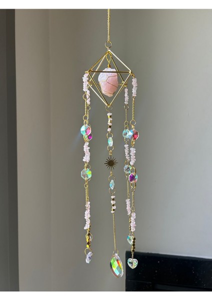 Pembe Kuvars Sun Catcher 5 - Güneş Tutucu, Güneş Yakalayıcı, Doğal Taşlı, El Yapımı