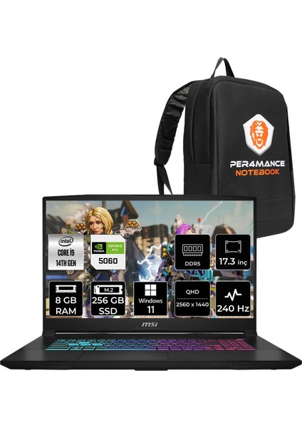 Msı Katana 17 Hx Intel Core I9 14900HX 8gb 256GB SSD RTX5060/8GB 17.3" Qhd 240Hz W11H Taşınabilir Bilgisayar & Per4 Çanta B14WFK217TRP341