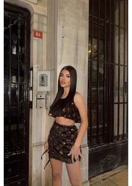 Püskül Payet Crop Bluz-Kısa Etek Takım - Gold