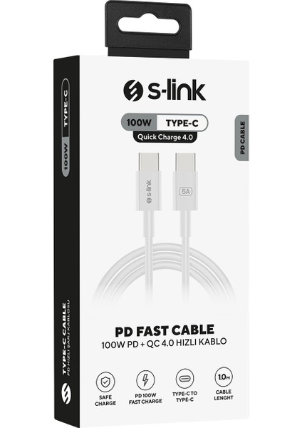 SL-C124 1m 20V 5A 100WATT Pd 3.0 Beyaz Type C To Type C Quick Super Charge Data ve Şarj Kablosu