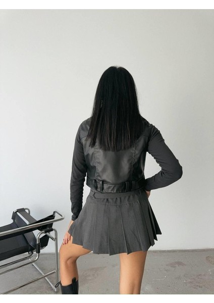 Deri Crop Yelek - Siyah