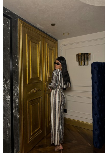 Şerit Payet Crop Bluz - Yırtmaçlı Etek Takım - Siyah