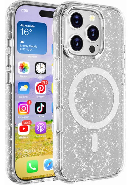 iPhone 16 Pro Max Kılıf Şeffaf Simli ve Magsafe Özellikli Şık Dazzle Premium Sert Silikon Kapak