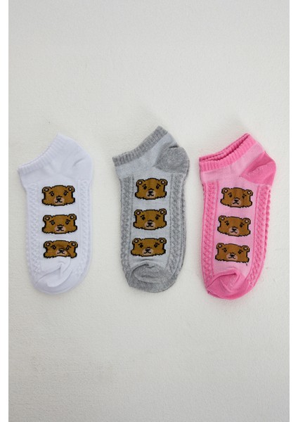 Renkli Ayı Desenli 3'lü Örme Patik Çorap 1204 fiyatları