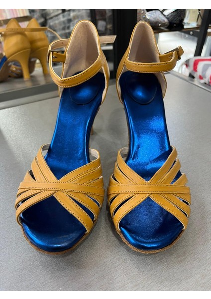 7 Bantlı Yeni Model Salsa Baçata Latin Dansları 6 cm Kadeh Topuklu Dans ve Salon Ayakkabısı Hardal