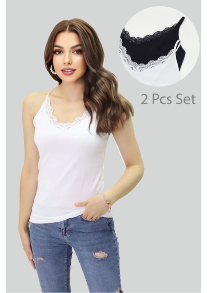 Lüx Kalite Pamuklu Ip Askılı Dantelli V Yaka 2'li Paket Atlet
