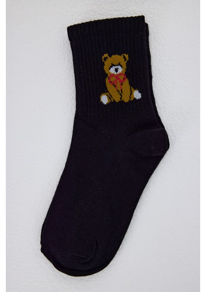 Siyah Ayı Desenli Örme Soket Çorap 1214