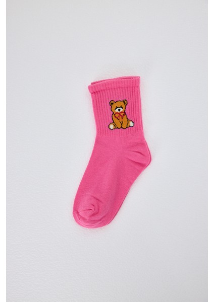 Pembe Ayı Desenli Örme Soket Çorap 1214