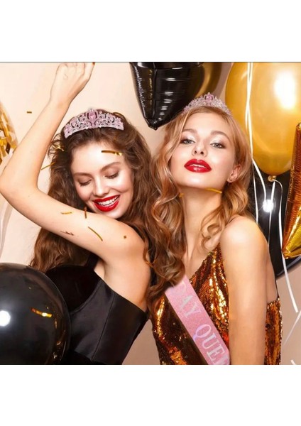 Pembe Taşlı Taç ve “birthday Queen” Yazılı Saten Kuşak Doğum Günü Seti