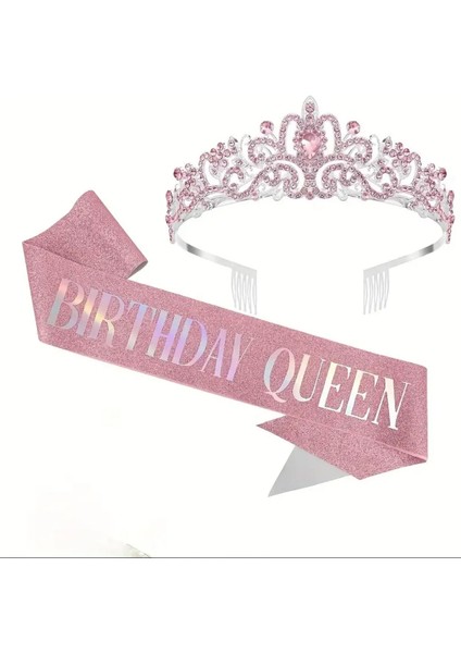 Pembe Taşlı Taç ve “birthday Queen” Yazılı Saten Kuşak Doğum Günü Seti