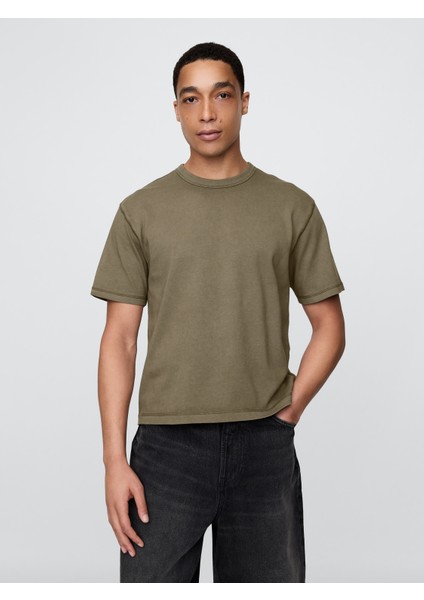 Erkek Haki Heavyweight Crop T-Shirt