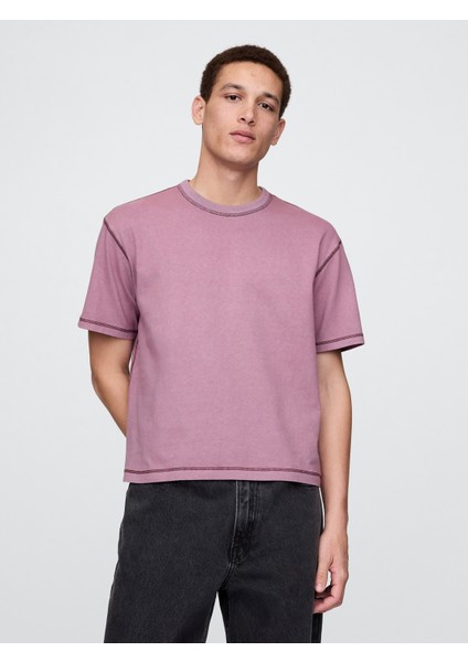 Erkek Koyu Lila Heavyweight Crop T-Shirt