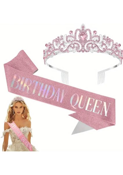 Pembe Taşlı Taç ve “birthday Queen” Yazılı Saten Kuşak Doğum Günü Seti